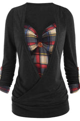 Contrast Plaid Fake Two-Piece Long Sleeve Top