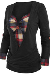 Contrast Plaid Fake Two-Piece Long Sleeve Top