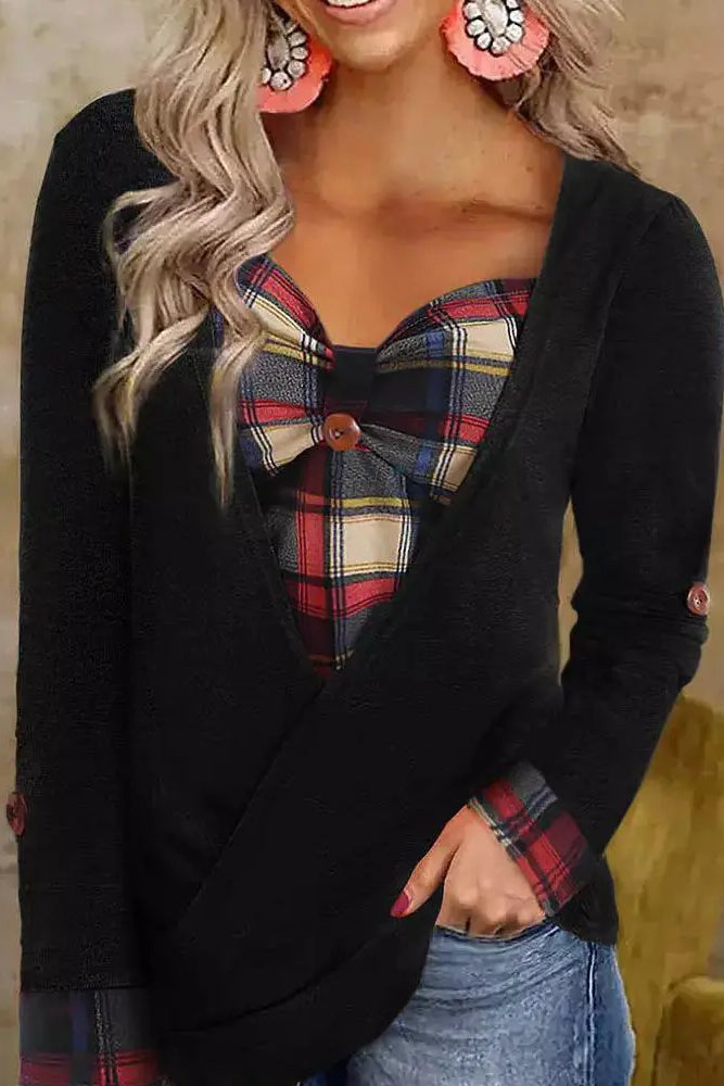 Contrast Plaid Fake Two-Piece Long Sleeve Top