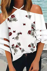 Cold Shoulder Floral Print Sheer Mesh Top