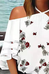 Cold Shoulder Floral Print Sheer Mesh Top