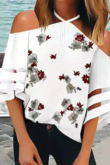 Cold Shoulder Floral Print Sheer Mesh Top