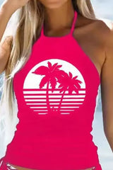 Coconut Tree Print Drawstring Ruched Halter Tankini Set