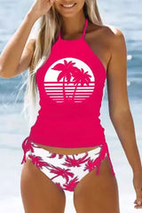 Coconut Tree Print Drawstring Ruched Halter Tankini Set