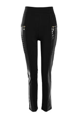 PU Leather Patch Zipper Design High Waist Skinny Pants