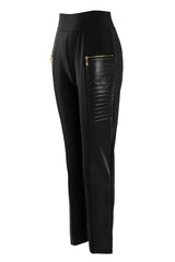 PU Leather Patch Zipper Design High Waist Skinny Pants