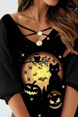 Halloween Graphic Print Crisscross Long Sleeve Top