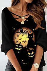 Halloween Graphic Print Crisscross Long Sleeve Top