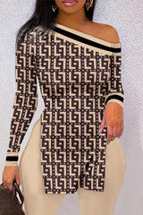 Geometric Print Split Hem Long Sleeve Top & Pants Set