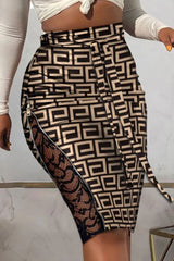 Geo Print Contrast Lace Zipper Detail Belted Skirt