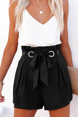 Ruched High Waist Eyelet Tied Detail Shorts