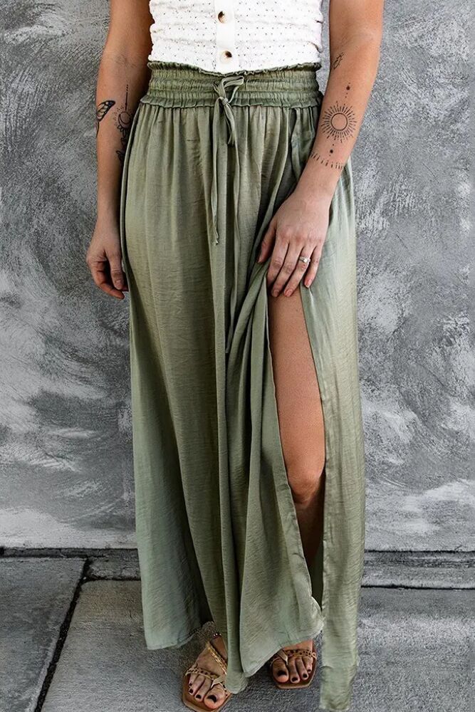 Flowy Drawstring Shirred Slit Skirt