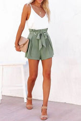 Ruched High Waist Eyelet Tied Detail Shorts