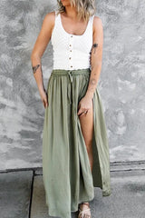 Flowy Drawstring Shirred Slit Skirt