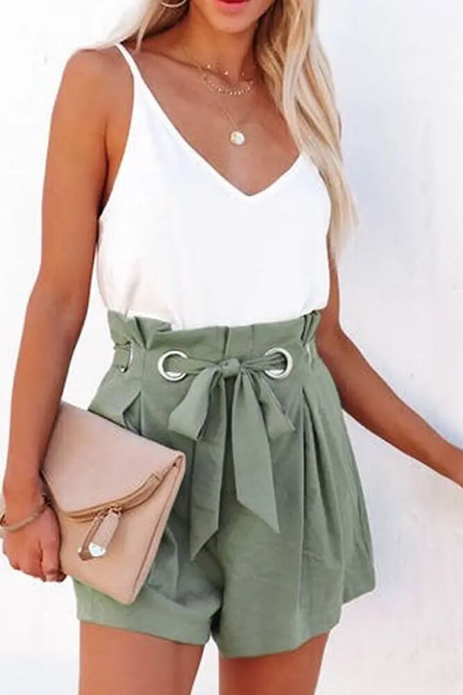 Ruched High Waist Eyelet Tied Detail Shorts