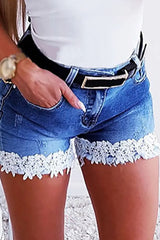 Crochet Lace Pockets Denim Shorts