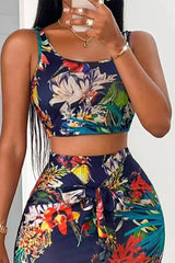 Tropical Print Crop Tank Top & Skirt Set