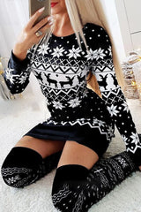 Christmas Long Sleeve Snowflake Elk Print Bodycon Dress