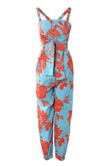 Plants Print Criss Cross Tied Detail Backless Jumpsuit