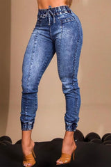 Drawstring High Waist Cuffed Jeans