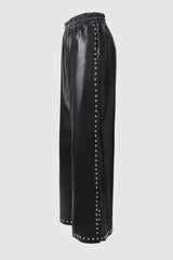 Studded Decor Pocket Design PU Leather Wide Leg Pants