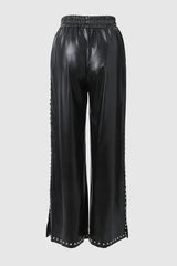 Studded Decor Pocket Design PU Leather Wide Leg Pants