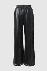 Studded Decor Pocket Design PU Leather Wide Leg Pants