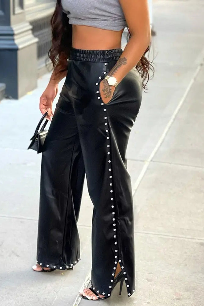 Studded Decor Pocket Design PU Leather Wide Leg Pants