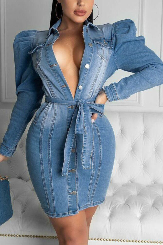 Puff Sleeve Button Front Belted Denim Dress