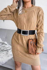 Braided Knit Long Sleeve Sweater Dress Without Belt