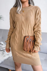 Braided Knit Long Sleeve Sweater Dress Without Belt