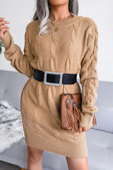 Braided Knit Long Sleeve Sweater Dress Without Belt