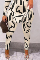 Allover Print Split Hem Long Sleeve Top & Pants Set