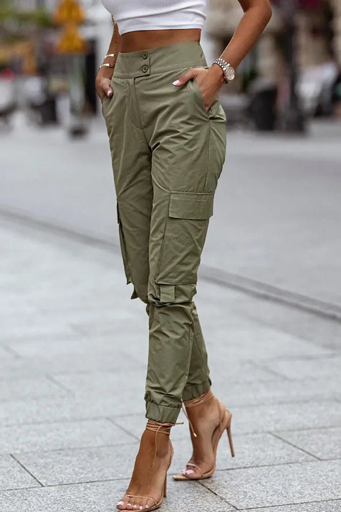 High Waist Pocket Button Design Cargo Pants