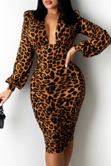 Cheetah Print Plunge Lantern Sleeve Ruched Dress