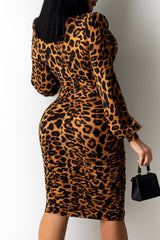 Cheetah Print Plunge Lantern Sleeve Ruched Dress