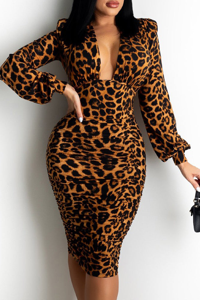 Cheetah Print Plunge Lantern Sleeve Ruched Dress