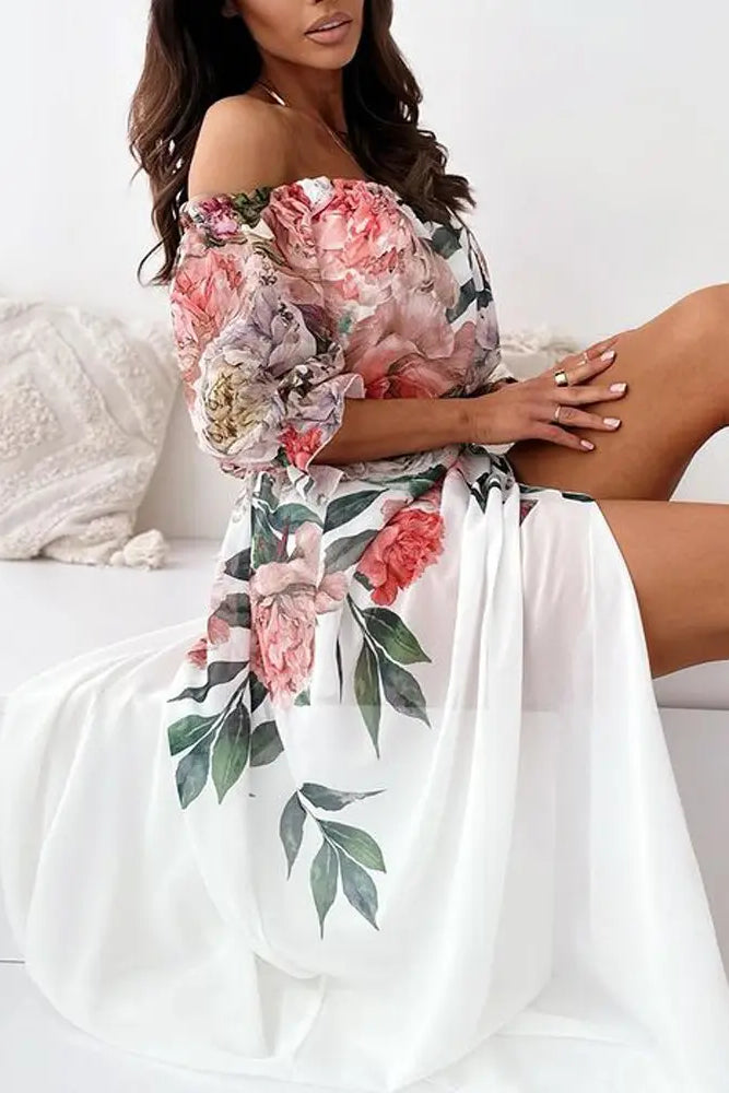 Floral Print Off Shoulder Slit Dress