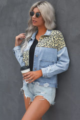 Sky Blue Leopard Splicing Cropped Denim Jacket with Pocket