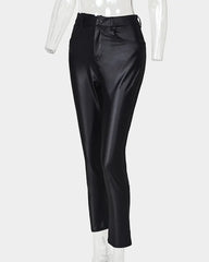 PU Leather High Waist Single Button Pants