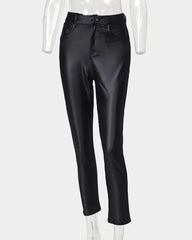 PU Leather High Waist Single Button Pants