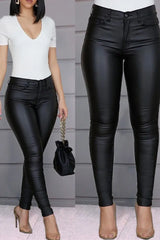 PU Leather High Waist Single Button Pants