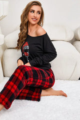 Christmas Wine Glass Plaid Print Fluffy Pajamas Set