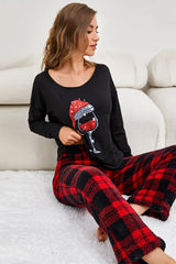 Christmas Wine Glass Plaid Print Fluffy Pajamas Set