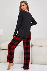 Christmas Wine Glass Plaid Print Fluffy Pajamas Set