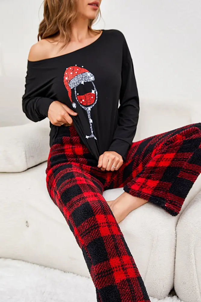 Christmas Wine Glass Plaid Print Fluffy Pajamas Set