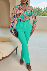 Baroque Print Long Sleeve Top & Pants Set With Belt