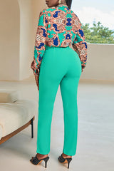 Baroque Print Long Sleeve Top & Pants Set With Belt