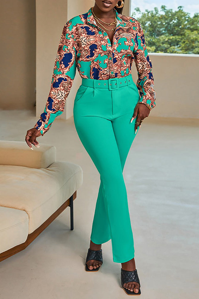 Baroque Print Long Sleeve Top & Pants Set With Belt