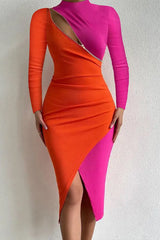 Colorblock Zip Detail Long Sleeve Bodycon Dress